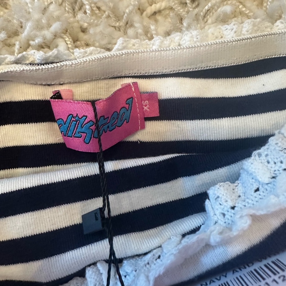 Edikted Navy and White Striped Top with Lace Detail